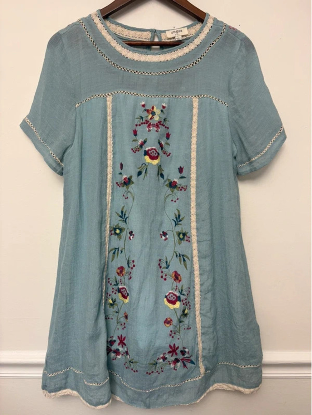 Umgee Blue Embroidered Floral Boho Shift Dress Lace Trim Size Large